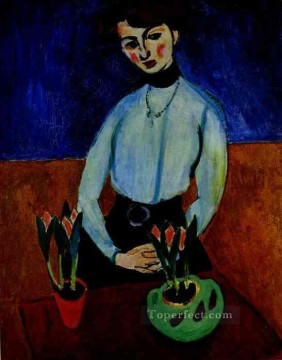  jeanne Painting - Girl with Tulips Portrait of Jeanne Vaderin 1910 Fauvist
